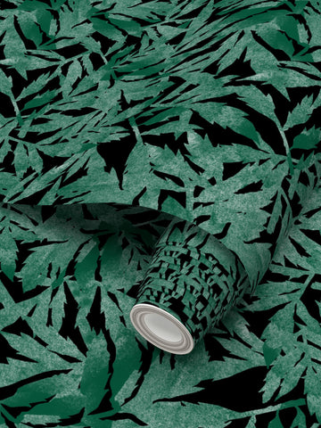 Marigold Leaves Green on Black - Wallpaper Large Print