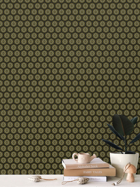 Bee Hive - Black and Gold - XX Small Wallpaper Print