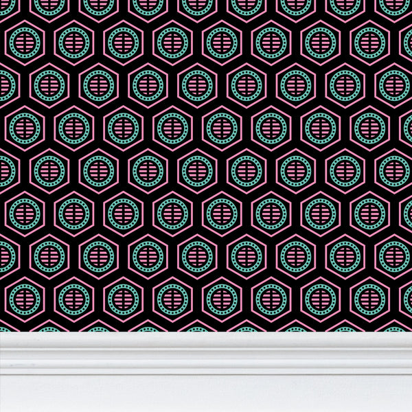 Bee Hive - Black Light Pink & Blue - X Small Wallpaper Print