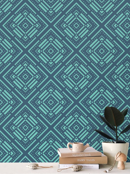 Diamond Straps - Blue Green on Light Blue - Medium Wallpaper Print