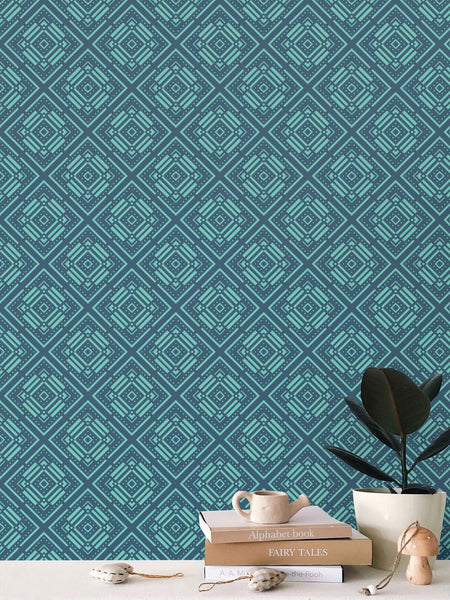 Diamond Straps - Blue Green on Light Blue - Small Wallpaper Print