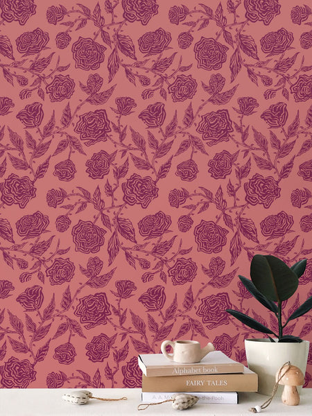 Roses - Magenta on Light Red - Medium Wallpaper Print