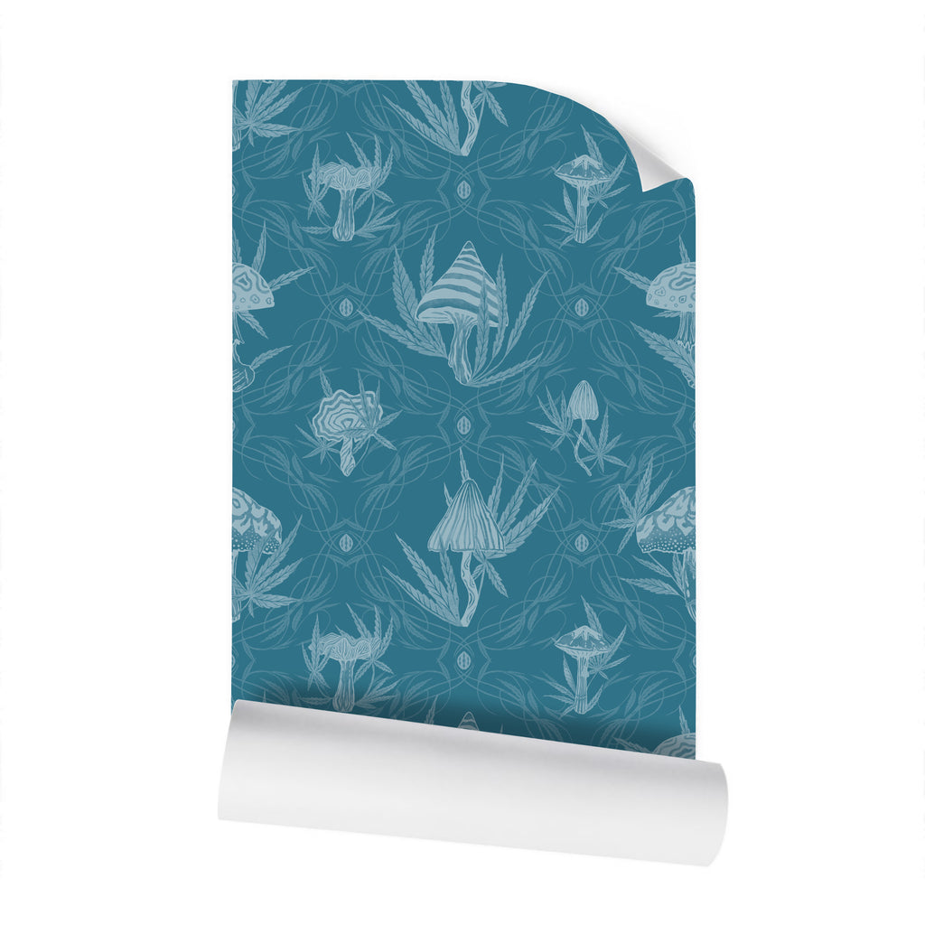 IVI LIFE - Mushroom + Cannabis Leaf Wallpaper Blue Green IVI LIFE - Mushroom + Cannabis Leaf Wallpaper Blue Green