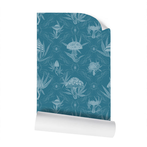 IVI LIFE - Mushroom + Cannabis Leaf Wallpaper Blue Green