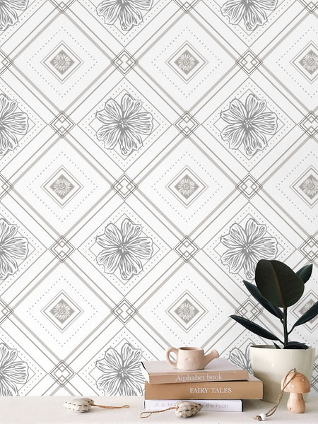 Trellis - Violet and Aster - Greyscale - Medium Wallpaper Print