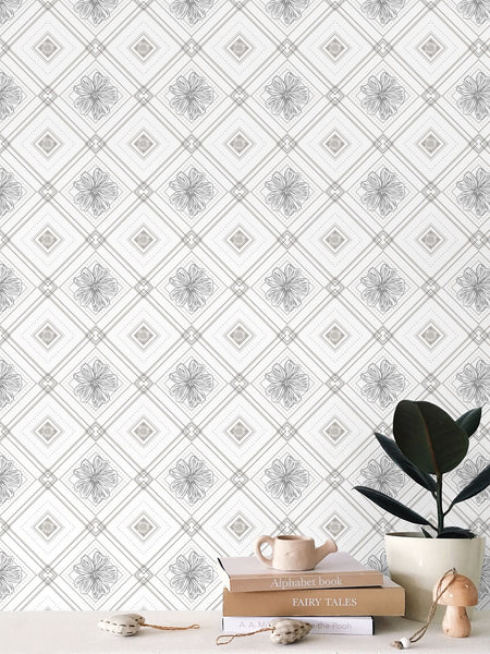 Trellis - Violet and Aster - Greyscale - Small Wallpaper Print