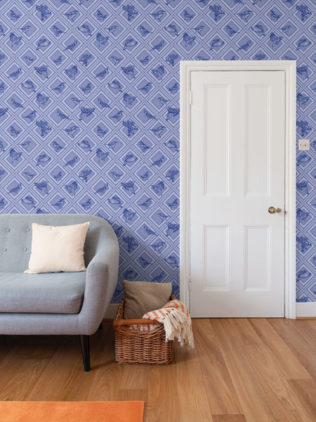 Trellis - Magnolia Warblers - Blue Birds - Wallpaper Print