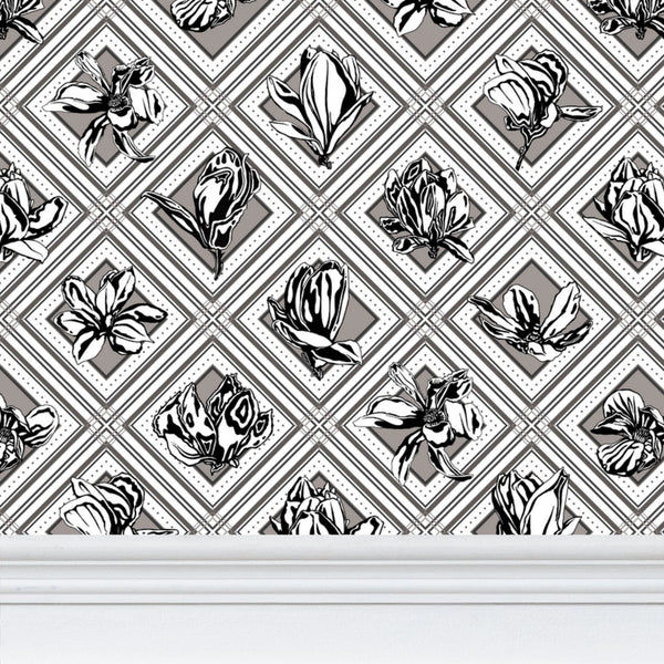 Trellis - Magnolia Flowers - Greyscale - Wallpaper Print