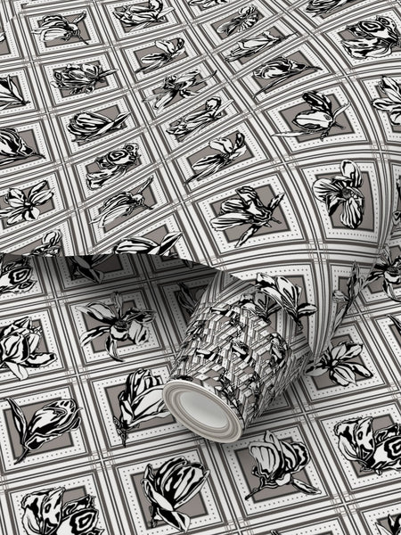 Trellis - Magnolia Flowers - Greyscale - Wallpaper Print