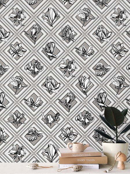Trellis - Magnolia Flowers - Greyscale - Wallpaper Print