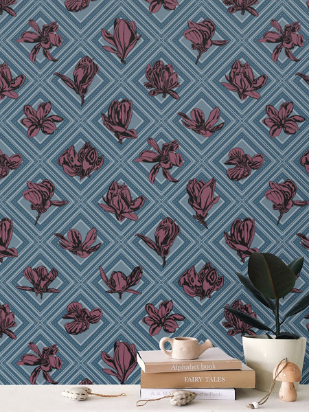Trellis - Magnolia Flowers - Dark Magenta Reverse Blue Green - Wallpaper