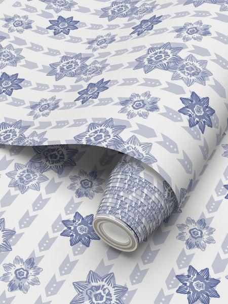 Daffodil Stripes - Blue on White - Medium Repeat Wallpaper Print