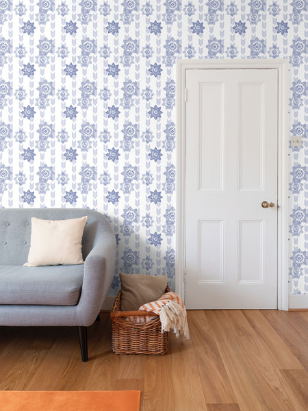 Daffodil Stripes - Blue on White - Medium Repeat Wallpaper Print