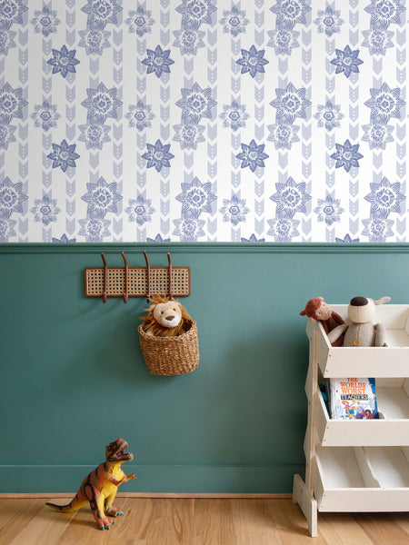 Daffodil Stripes - Blue on White - Medium Repeat Wallpaper Print