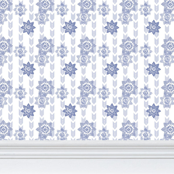 Daffodil Stripes - Blue on White - Small Repeat Wallpaper Print
