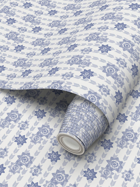 Daffodil Stripes - Blue on White - Small Repeat Wallpaper Print