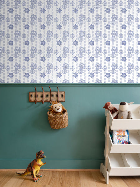 Daffodil Stripes - Blue on White - Small Repeat Wallpaper Print