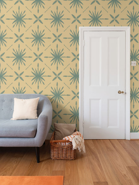 Blazing Star Liatris Cannabis Leaf - Blue Green on Light Gold - Large