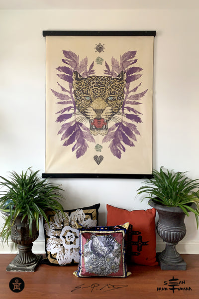Jaguar w/ Marigold Leaves • Large Fabric Textile Wall Hanging Print