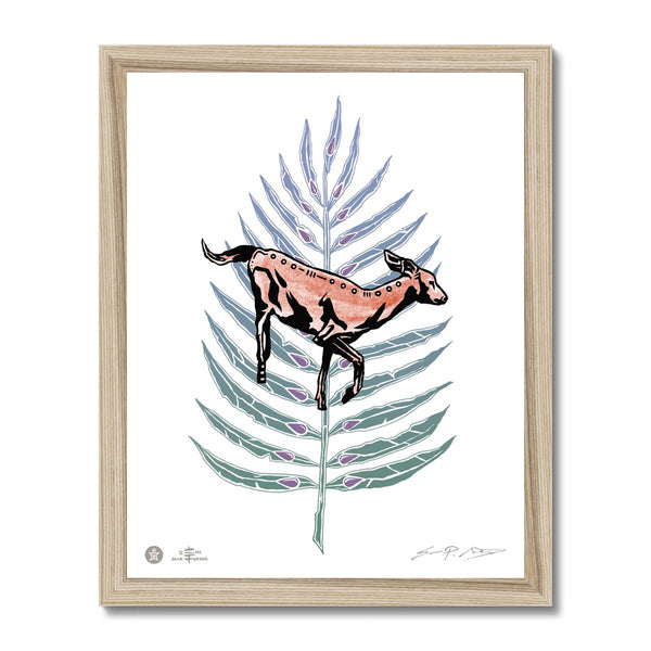 AEON Deer & Palm Leaf w/ Black Coral Gemstones Framed Print