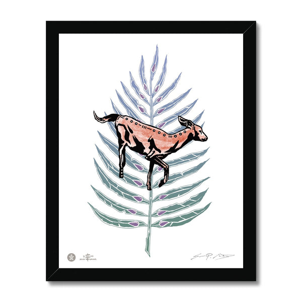 AEON Deer & Palm Leaf w/ Black Coral Gemstones Framed Print