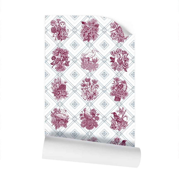 Trellis - The AEON Months - Dark Magenta & BlueGreen on White - Wallpaper