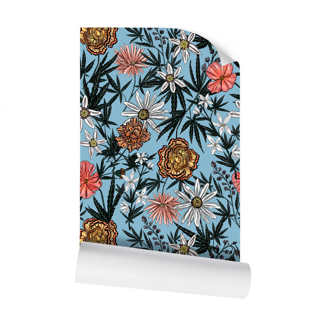 IVI - Cannabis All Over Floral - Blue Background IVI - Cannabis All Over Floral - Blue Background