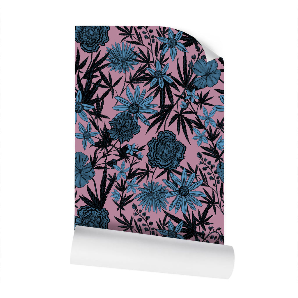 IVI - Cannabis All Over Floral Pattern - Blue Floral Over Pink