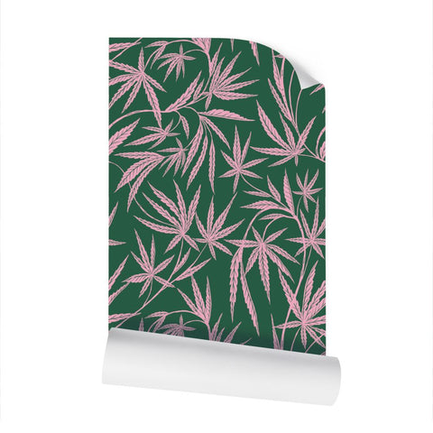 California Poppy with Cannabis Leaves - Blue Green - Large Weed Wallpaper Print