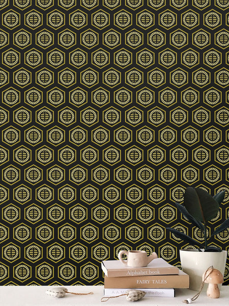 Bee Hive - Black and Gold - X Small Wallpaper Print