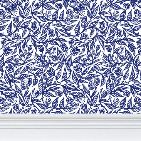 Flourish - Blue on White - Medium Wallpaper Print