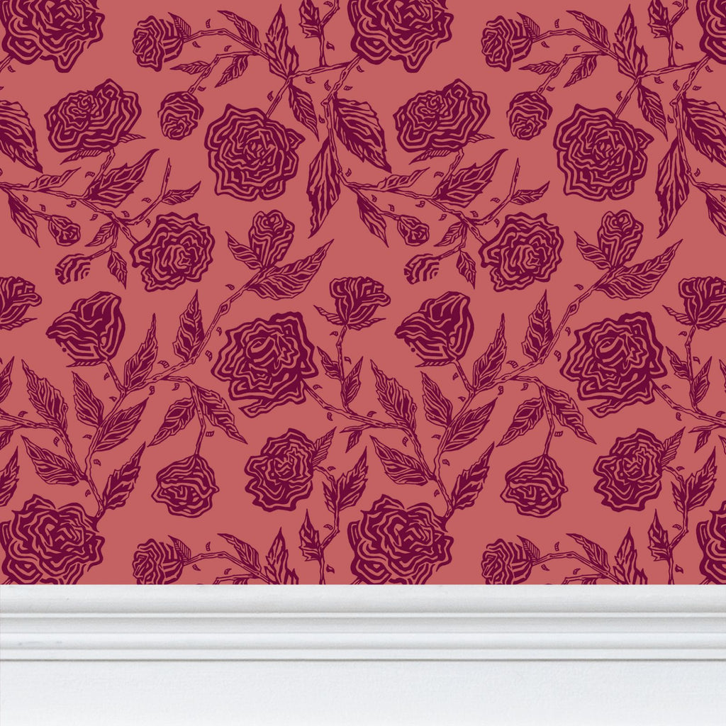 Roses - Magenta on Light Red - Medium Wallpaper Print