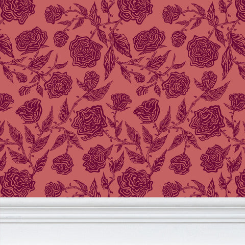 Roses - Magenta on Light Red - Medium Wallpaper Print
