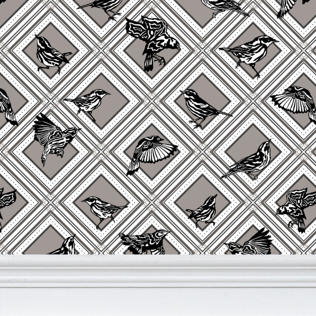 Trellis - Magnolia Warblers - Greyscale - Wallpaper Print