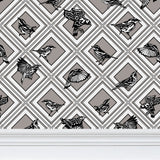 Trellis - Magnolia Warblers - Greyscale - Wallpaper Print