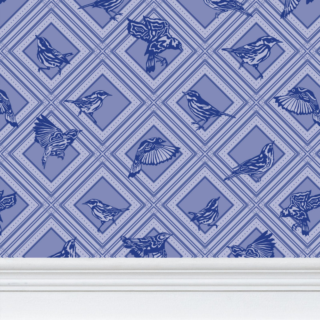 Trellis - Magnolia Warblers - Blue Birds - Wallpaper Print