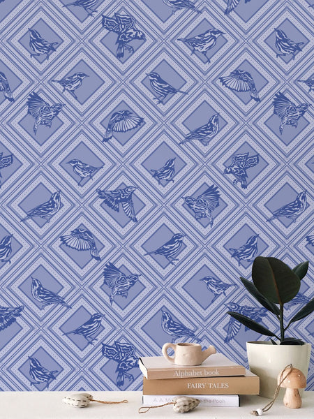 Trellis - Magnolia Warblers - Blue Birds - Wallpaper Print