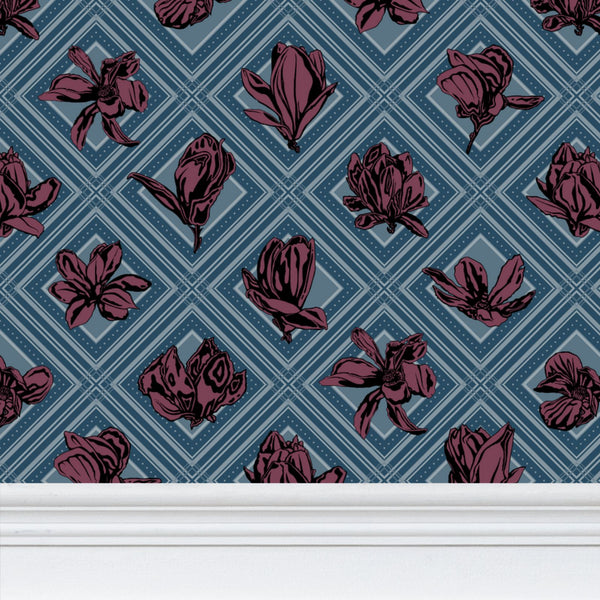 Trellis - Magnolia Flowers - Dark Magenta Reverse Blue Green - Wallpaper