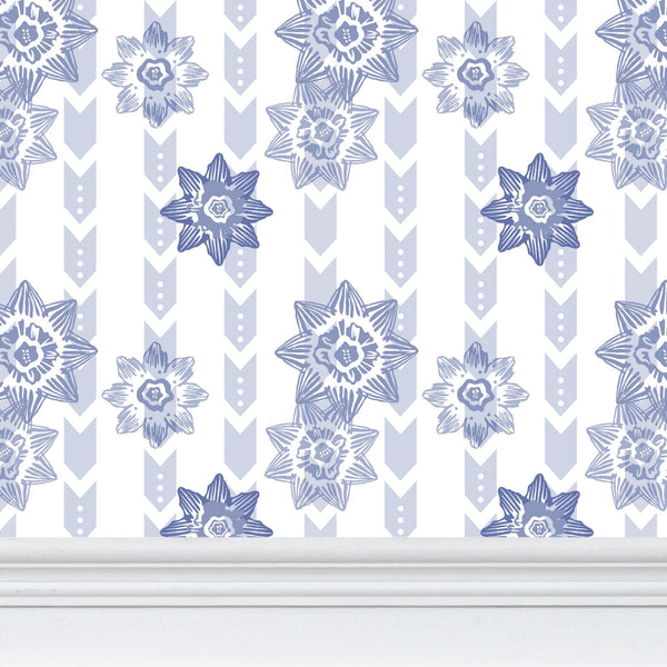 Daffodil Stripes - Blue on White - Medium Repeat Wallpaper Print