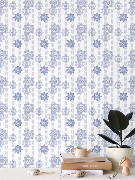 Daffodil Stripes - Blue on White - Small Repeat Wallpaper Print