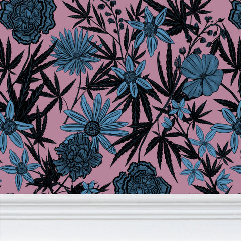 IVI - Cannabis All Over Floral Pattern - Blue Floral Over Pink