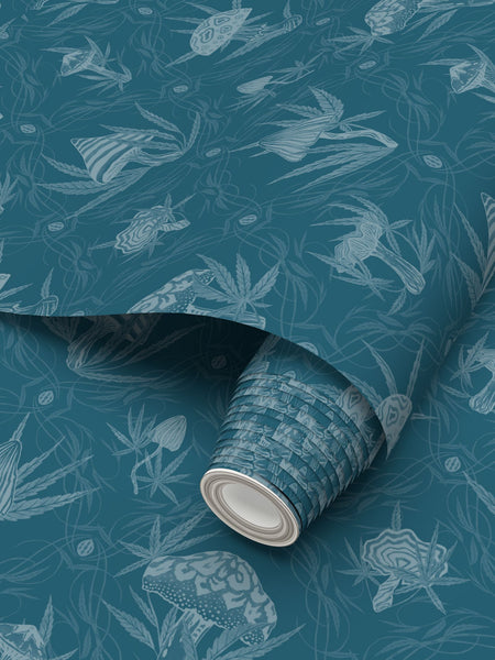 IVI LIFE - Mushroom + Cannabis Leaf Wallpaper Blue Green