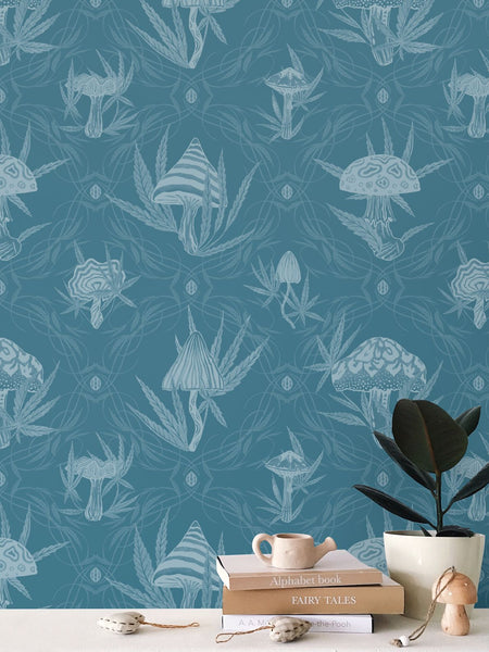 IVI LIFE - Mushroom + Cannabis Leaf Wallpaper Blue Green