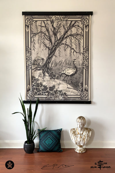 Weeping Willow, BlackCoral Heuchera & Demoiselle Cranes • Large Fabric Textile Wall Hanging Print