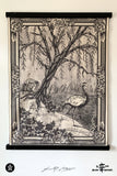 Weeping Willow, BlackCoral Heuchera & Demoiselle Cranes • Large Fabric Textile Wall Hanging Print