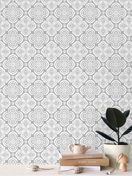 Larkspur Petals White on Grey - Small Wallpaper Print