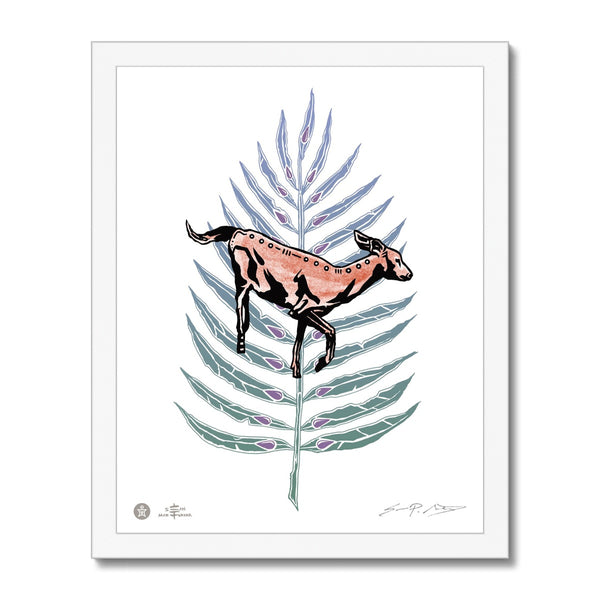 AEON Deer & Palm Leaf w/ Black Coral Gemstones Framed Print