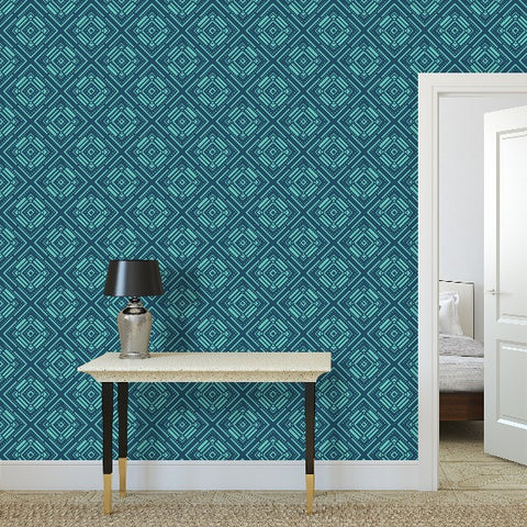 Diamond Straps - Blue Green on Light Blue - Medium Wallpaper Print