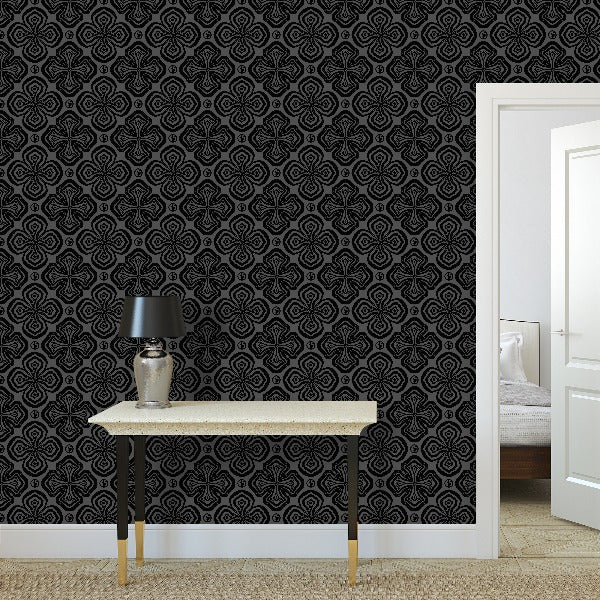 Larkspur Petals Black on Grey - Medium Wallpaper Print